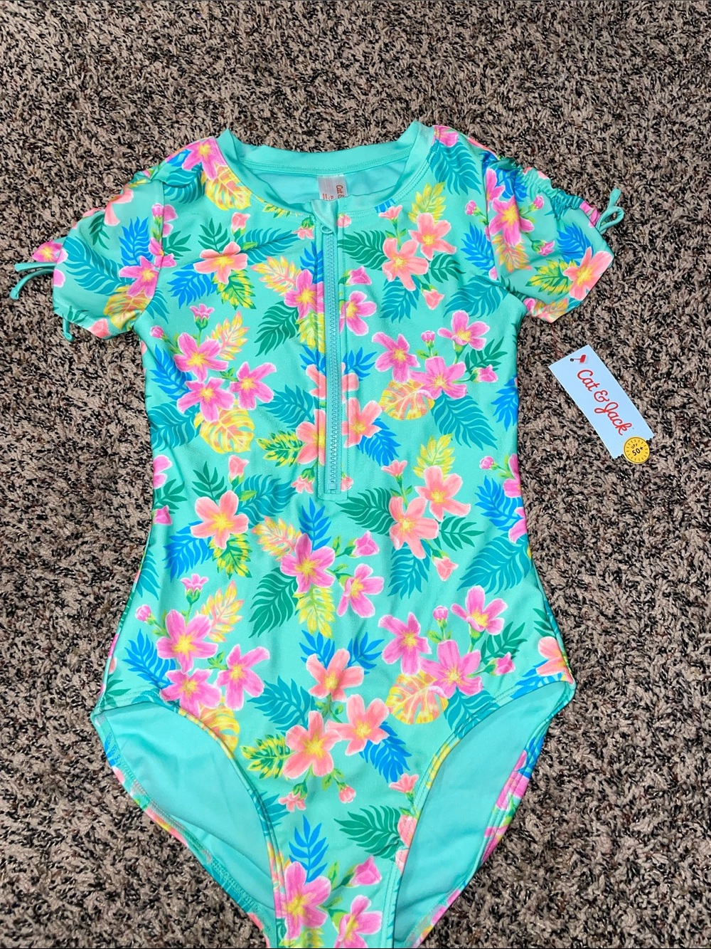 Cat & Jack Turquoise Floral Zip-Front Girls Swimsuit Size XL (14) NWT